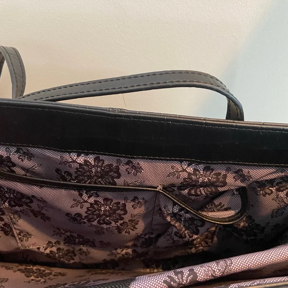 Wilsons Leather Black Croc-Embossed Laptop Tote with Top Handles